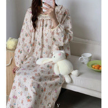 秋季新品 韩系双层棉纱A类有氧纱家居裙 甜美花边圆领长袖睡裙女