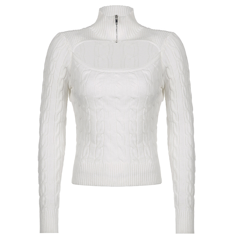 Knitted Zipper Hollow Slim High-Neck Long Sleeve Sweater NSSSN115004