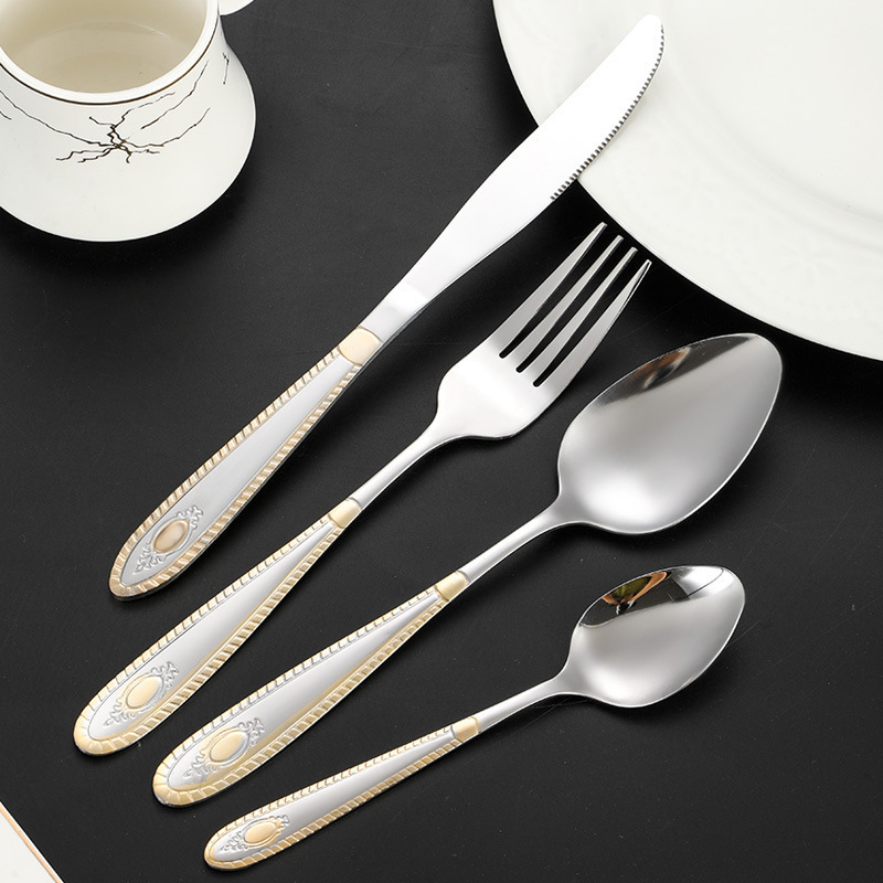 Cross-Border Stainless Steel Tableware Creative Mirror-Gold-Plated Patterned Knife, Fork, and Spoon Set for Hotel and Home Use, Four-Piece Set Cross-Border Stainless Steel Tableware Creative Mirror-Gold-Plated Patterned Knife, Fork, and Spoon Set for Hotel and Home Use, Four-Piece Set