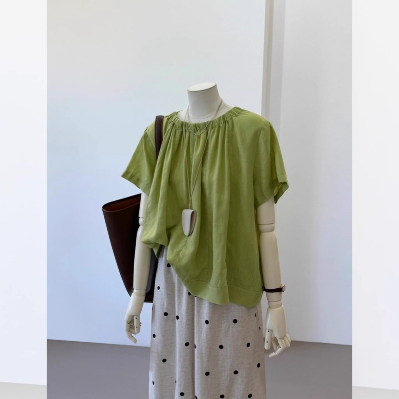 French-Style Green Cotton-Linen Short-Sleeve Shirt for Women, Summer 2025 New Model, Petite High-End Blouse, Babydoll Top