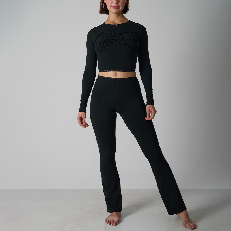 Sexy katoenen broekenset met strikdetail voor dames – comfortabele, hooggetailleerde flared legging en cropped top (zwart, roze, grijs, S-XL)_voghion.com