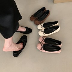 法式内增高绒面芭蕾舞单鞋女2025春秋季新款圆头浅口蝴蝶结晚晚鞋