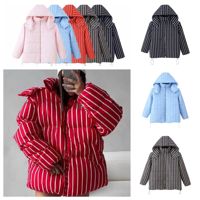 Foreign Trade Autumn and Winter American Retro Style High-End Brown Vertical Stripesd Hooded Warm Bread Jacket Cotton Short Jacket