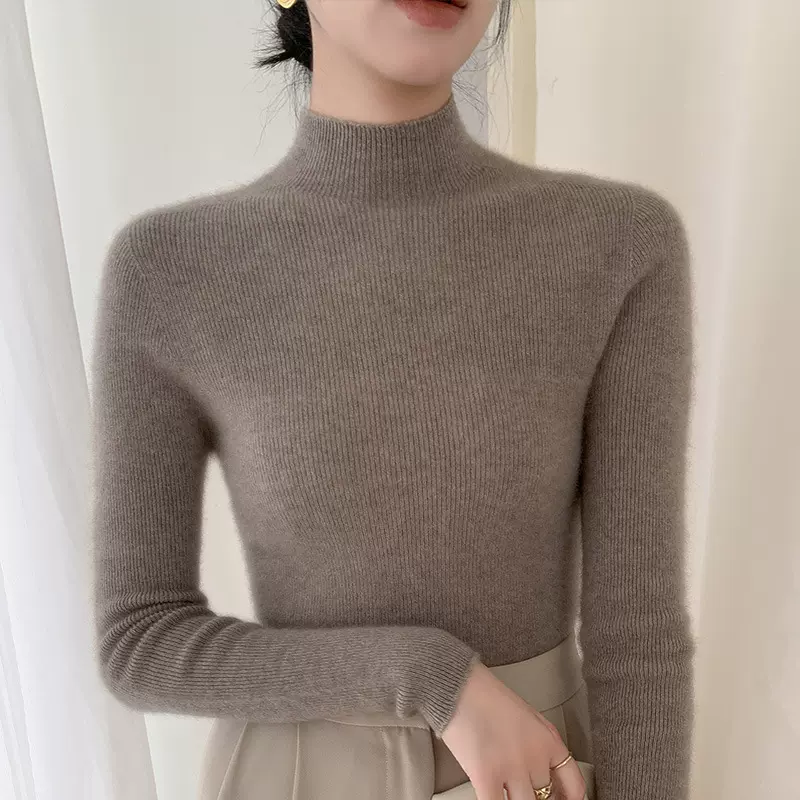秋冬无缝一体羊毛衫女内搭针织衫修身显瘦气质半高毛衣纯色打底衫