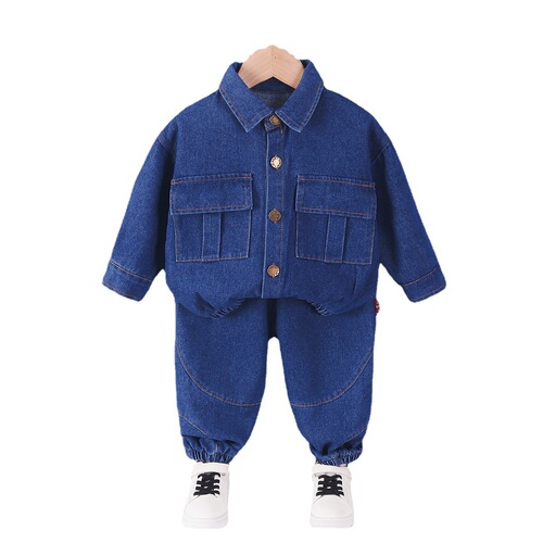 Boys 1-5 years old spring denim suit children's clothing handsome children solid color lapel denim jacket two-piece set