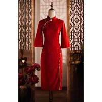 Красное свадебное платье Cheongsam для тоста невесты, новое китайское платье с перевернутыми большими рукавами, кружевное улучшенное обручальное свадебное платье в национальном стиле для женщин