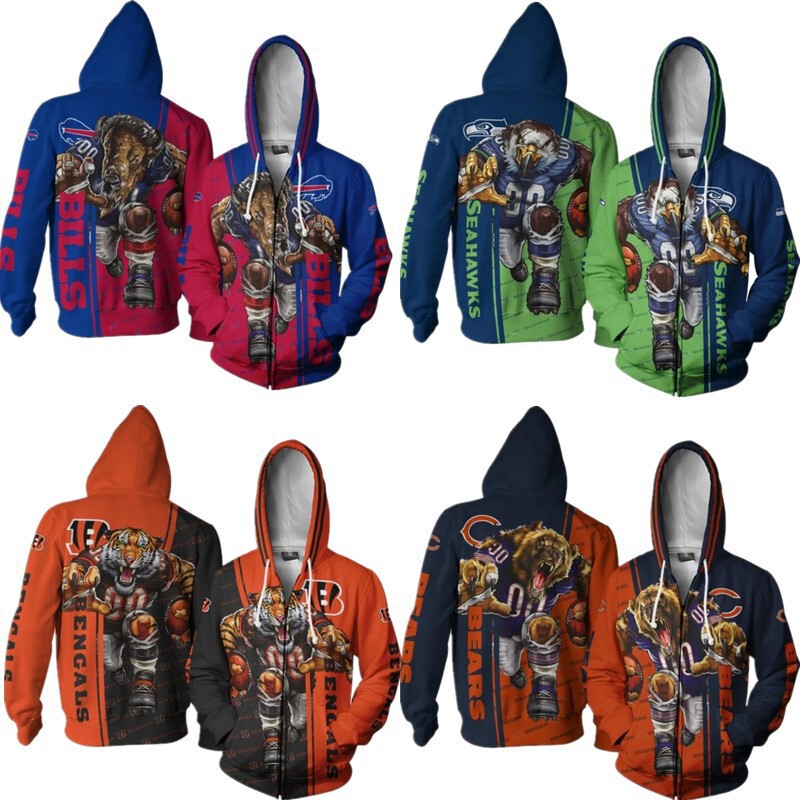 Foreign Trade American Nfl Football Cosplay Hooded Cardigan Sweatshirt 3D Digital Printing Autumn and Winter Factory Direct Sales