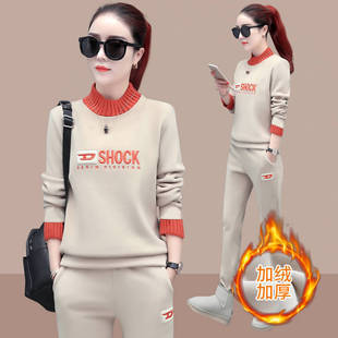 Fleece-lined thickened casual sports suit women's 2023 Winter printed sweater warm pants slimming two-piece suit fashion