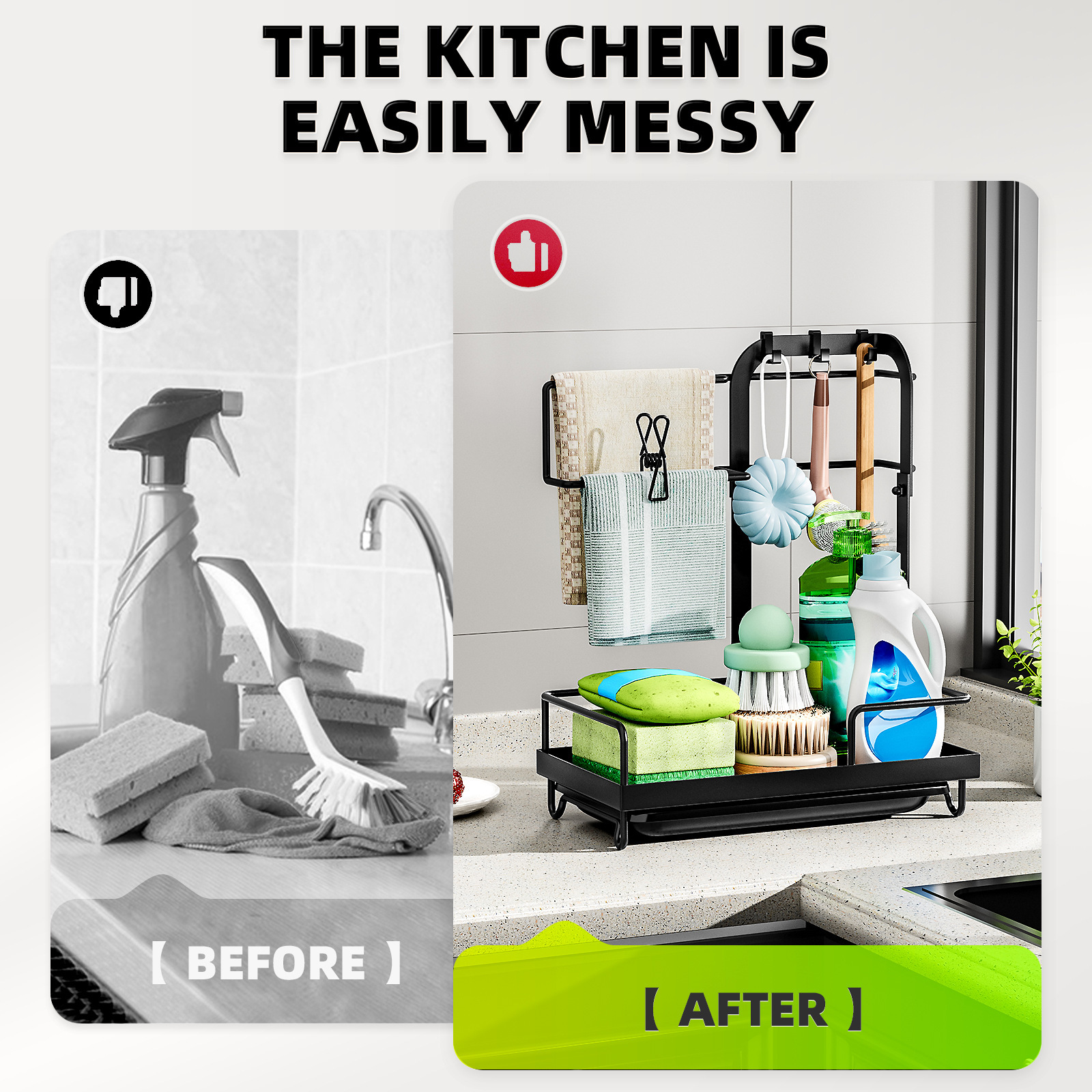 Rack de toallitas de cocina con varilla Rack de toallitas de lavado de platos Rack de almacenamiento de artículos de cocina Rack de esponja de drenaje Rack de escritorio