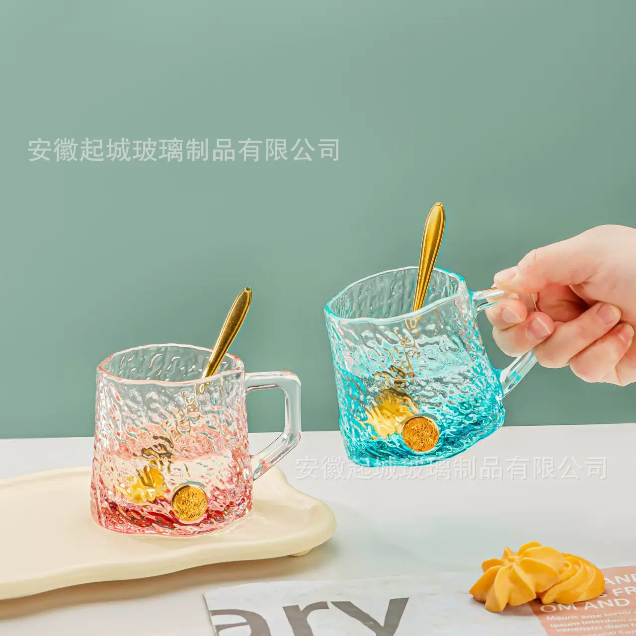 玄冰玻璃杯锤纹水波纹情侣高颜值咖啡杯水杯家用透明带把手牛奶杯