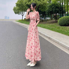 韩版印花中长款法式新款A字裙v领显瘦粉色短袖开叉淑女风复古夏季
