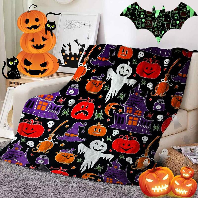 Plaid Halloween Blanket Glow in the Dark, Pumpkin and Ghost Bat Printed on Orange Blanket, Plaid Halloween Blanket Glow in the Dark, Pumpkin and Ghost Bat Printed on Orange Blanket,