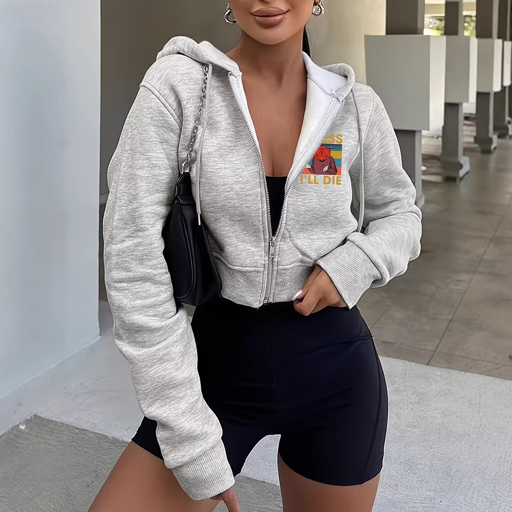 Women's Autumn/Winter Hooded Jacket Long Sleeved Zipper Short Creative Print Sweatshirt For Fashion_voghion.com