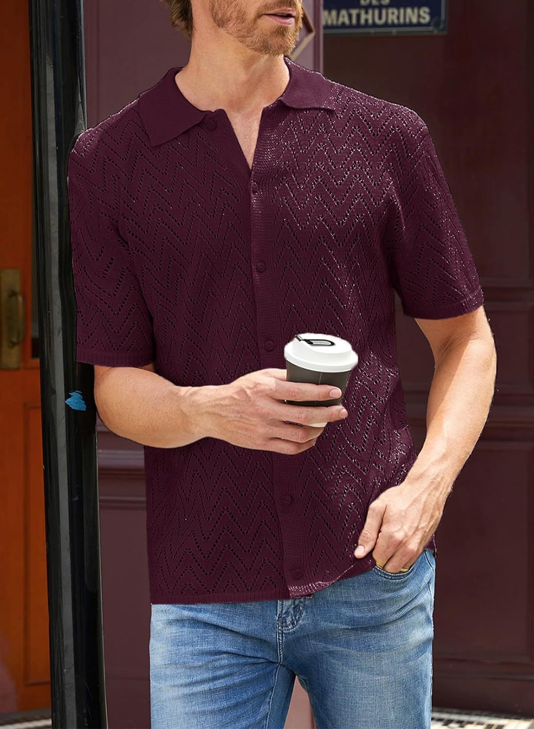 Summer New European And American Casual Knitted Short-sleeve Shirt, Cardigan, Solid Color Hollow Top Men's Clothing_voghion.com