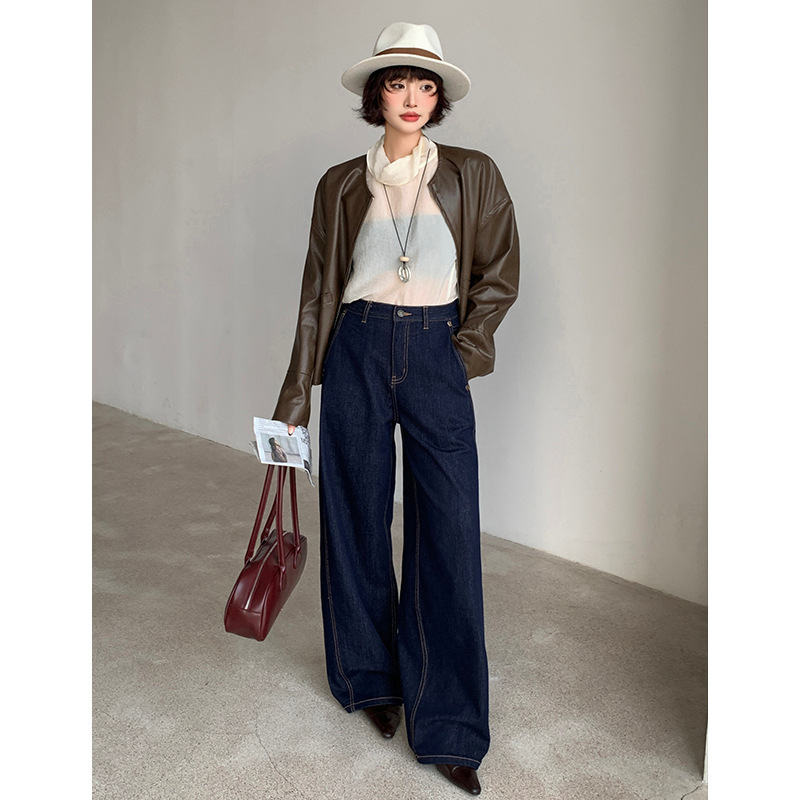 Rongtai Long-Staple Cotton Dark Blue Drapey Wide-Leg Jeans for Women, Autumn Vintage Washed High-Waisted Straight-Leg Floor-Length Pants