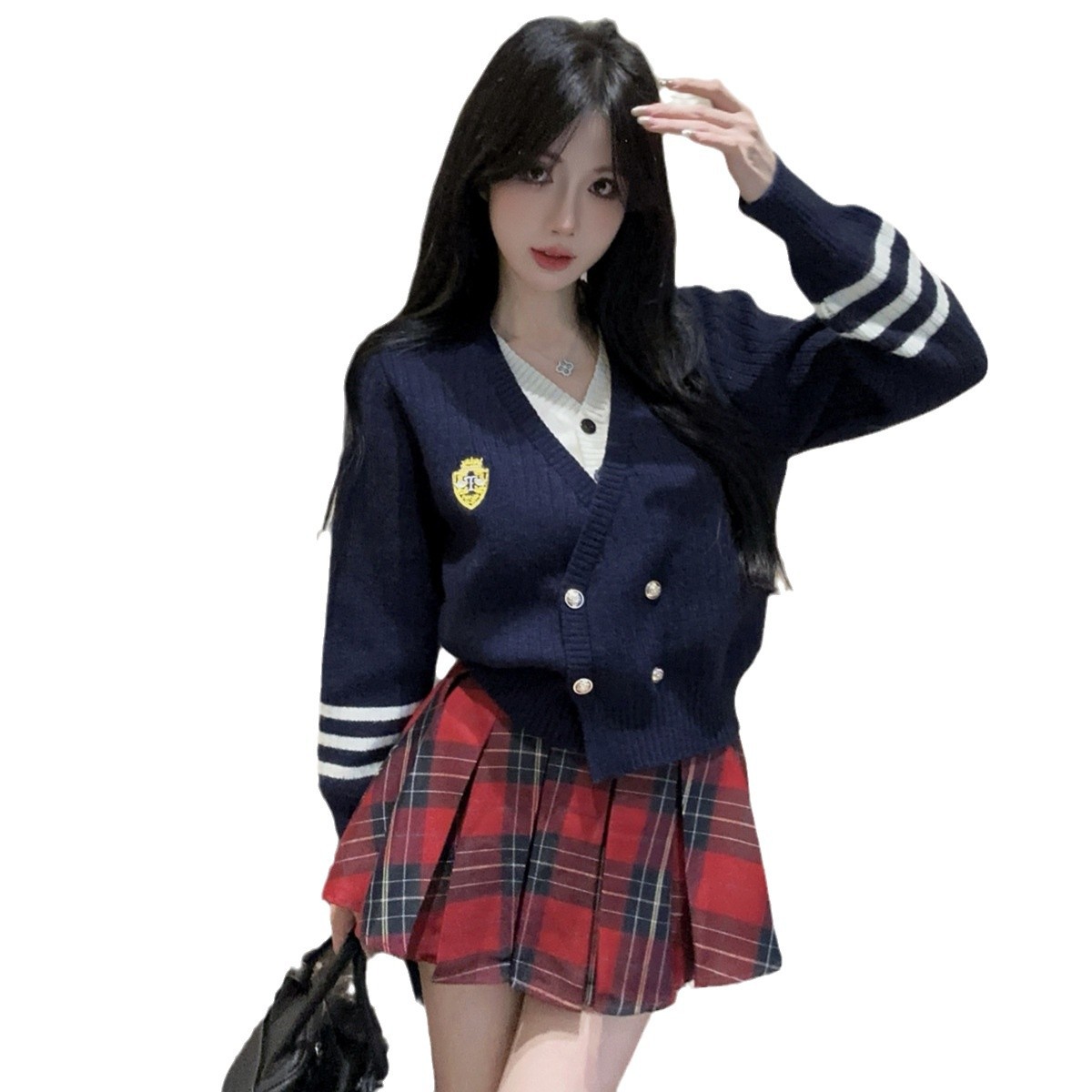 한국식 아카데미식 세트 나이 줄이기 더블 브레스트 페이크 투피스 니트 카디건 올매치 플레이드 스커트