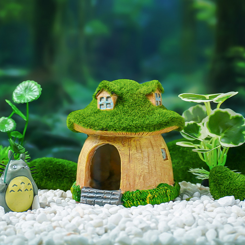Artesanía de resina peces y camarones escondite casa pecera paisaje decoración musgo seta casa escondite piezas de la casa decoración del acuario