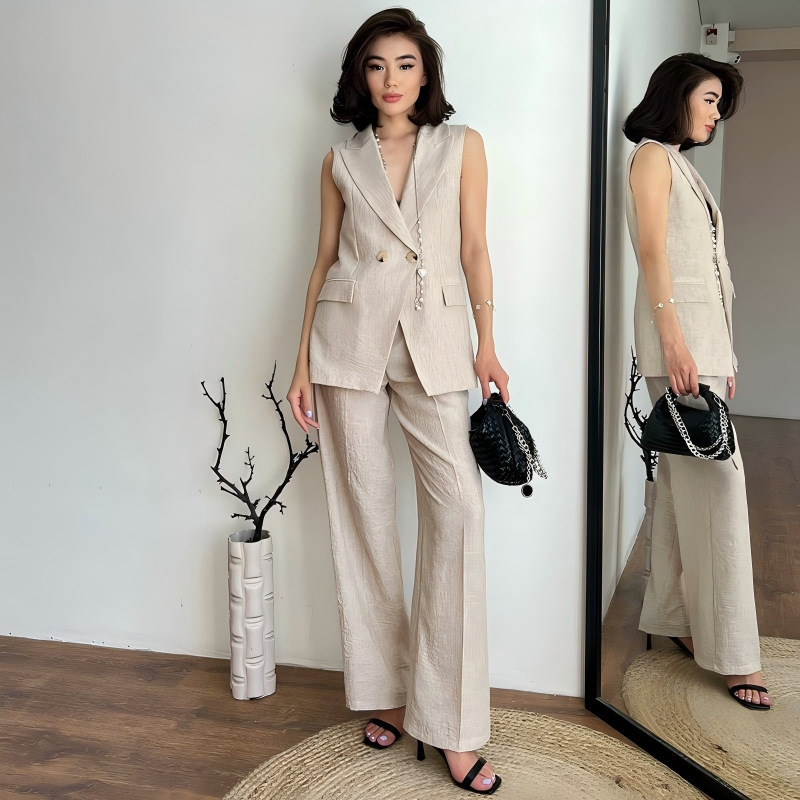 2025 Summer Hot Style European and American Style Design Mixed Linen Sleeveless Vest Top Wide Leg Pants Suit Women's Work Clothing Export