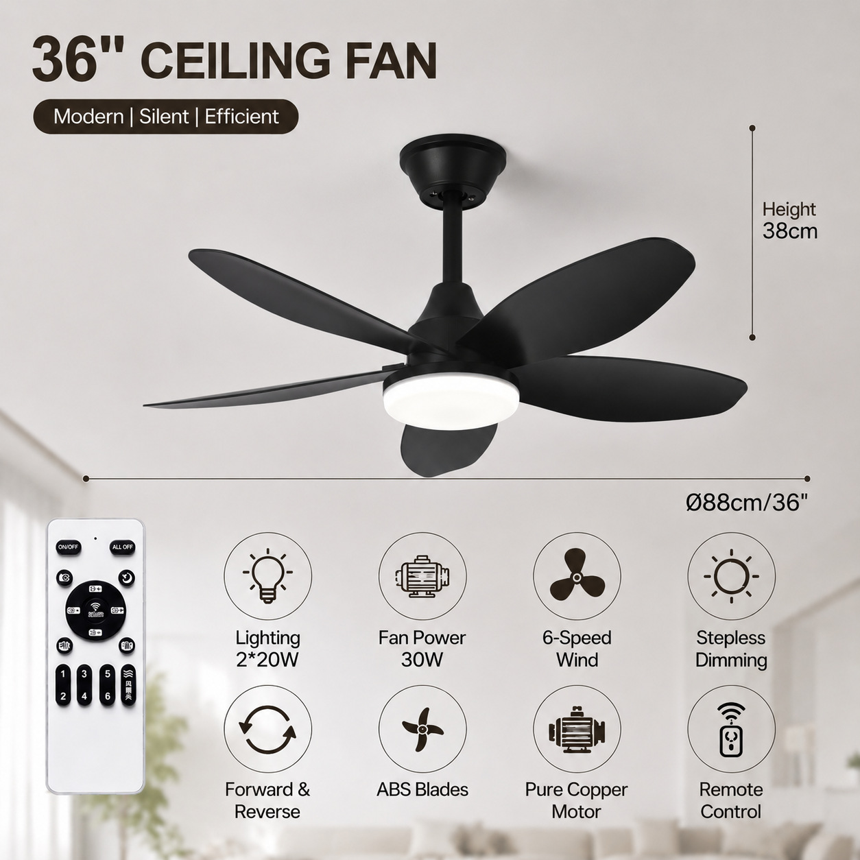 Ventilador de Techo con Luz de ABS y PC, con Control Remoto, Motor DC, para Sala de Estar y Comedor