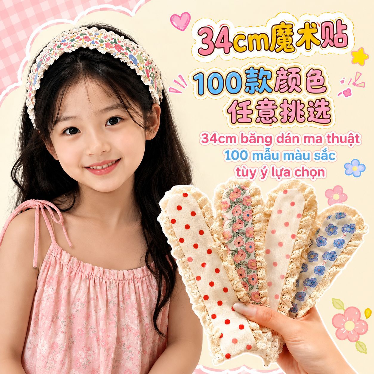 34cm children's bangs magic tape Korean-style lace headband for makeup, face washing, and tidying up stray hair, cute hair accessory