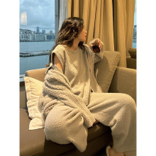 【现货】韩版高级感针织半边绒睡衣女款冬季加厚保暖家居服三件套