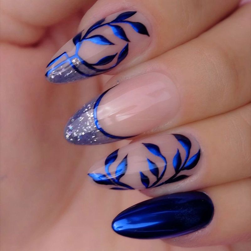 Cross-Border Winter Blue Leaves European and American Wearable Nails Ins Style Manicure Nails Removable Fake Nails Wholesale