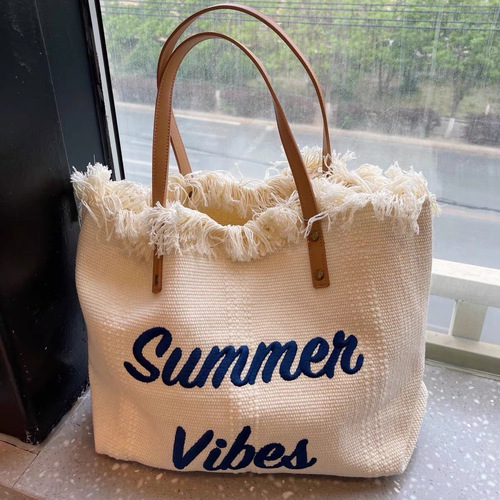 Large Capacity Canvas Bag with Embroidered Letters, Tote Bag, Handbag, Women's Bag, Woven Beach Bag, Crossbody Bag, Bags