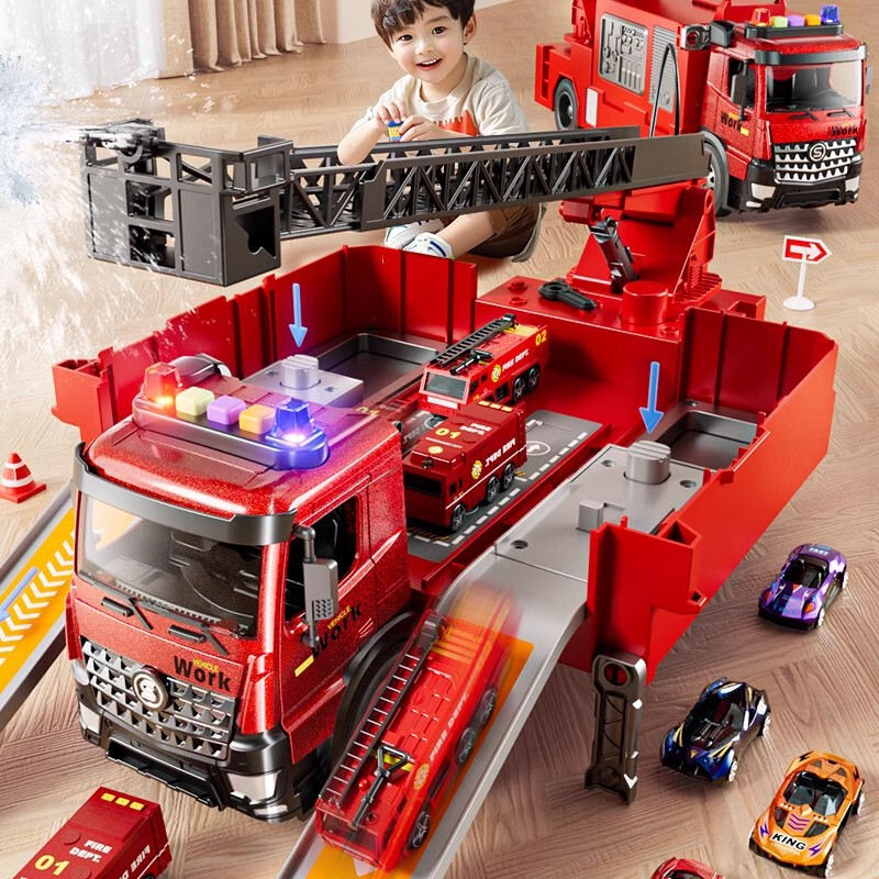 New large deformation fire truck track deformation water spray toy boy alloy ladder car 3 years old 6 years old boy