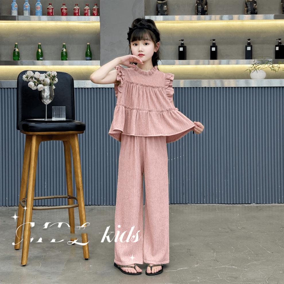 in dekliška poletna oblačila 2024 nova srednje velika do velika otroška majica brez rokavov, široke hlače v princeskinem slogu, dvodelna_voghion.com