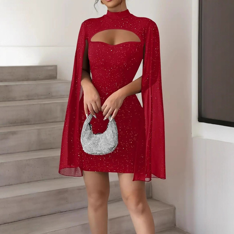 Shein New European and American Style Export Red Sequin Lantern Sleeve Dress Cross-Border Evening Dress Party