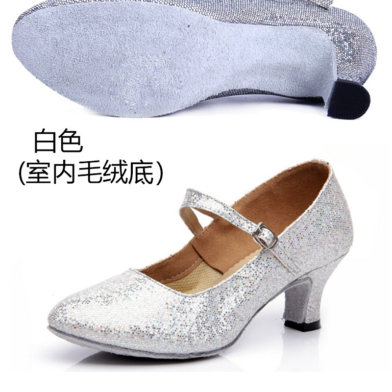 Zapatos de baile moderno de tacón medio adulto de las mujeres zapatos de baile de fondo suave zapatos de baile latino con lentejuelas de Punta cerrada zapatos de baile cuadrado