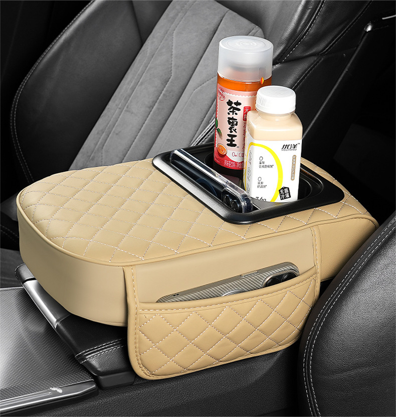 Car Armrest Box Heightening Pad, Armrest Cushion, Central Armrest Pillow, Water Cup Holder, Integrated Storage, Car-Mounted Leather Material