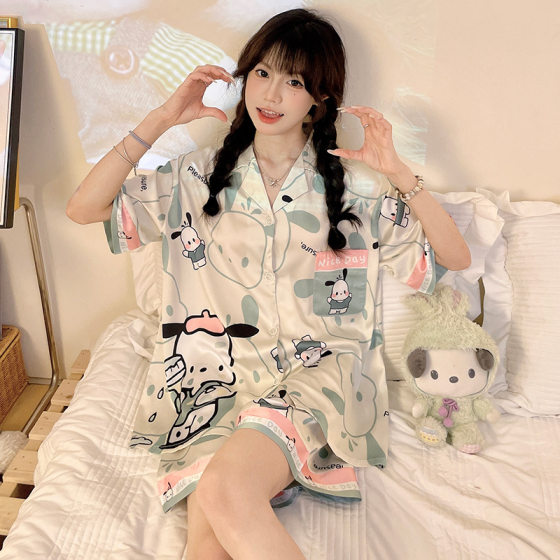 Ice Silk Pajamas Women's Summer 2024 New Short-sleeved Cartoon Cute Women's Summer Thin Cardigan Home Clothes suit