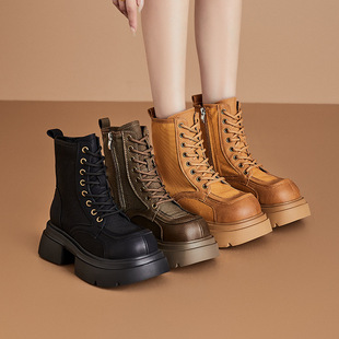 2025 New British Style Retro Rhubarb Boots for Women Thick-Soled Genuine Leather Boots for Women Lace-Up Casual Thick-Heeled Short Boots