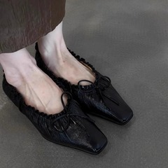 羊皮版~法式复古褶皱蝴蝶结浅口单鞋女小众简约舒适软底平底单鞋