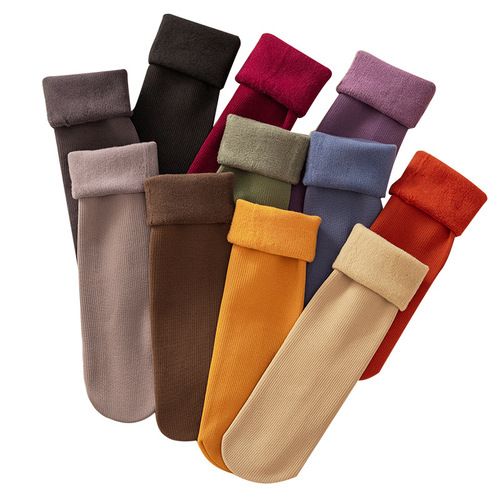 Socks for women in autumn and winter, vertical striped imitation cashmere snow socks, plus velvet, thickening, warm sleeping mid-calf socks, versatile floor socks