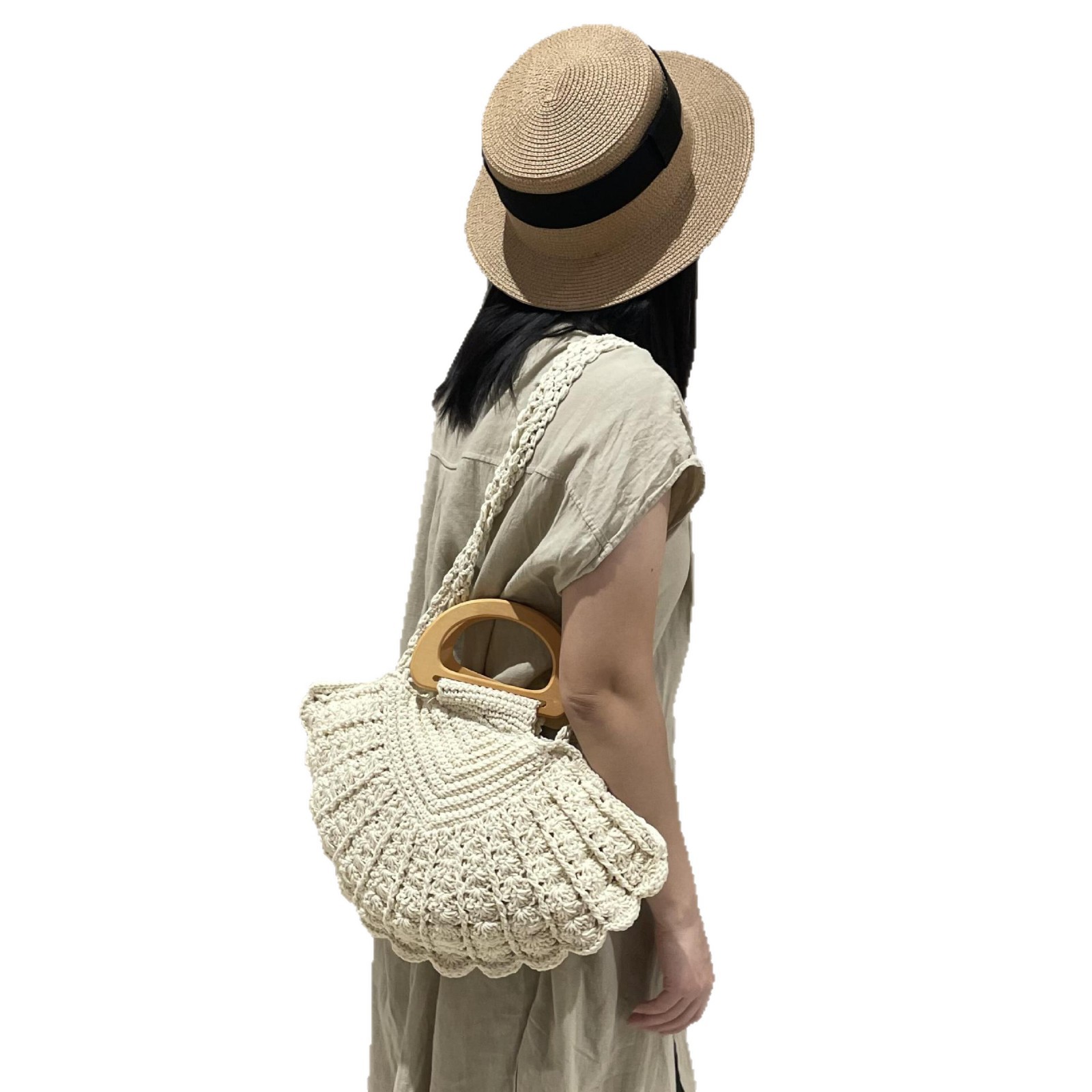 New Summer Beach Vacation Bag For Women, Large Capacity Niche Shell-Shaped Shoulder Bag, Simple Wooden Handle Handbag - Thumbnail 5