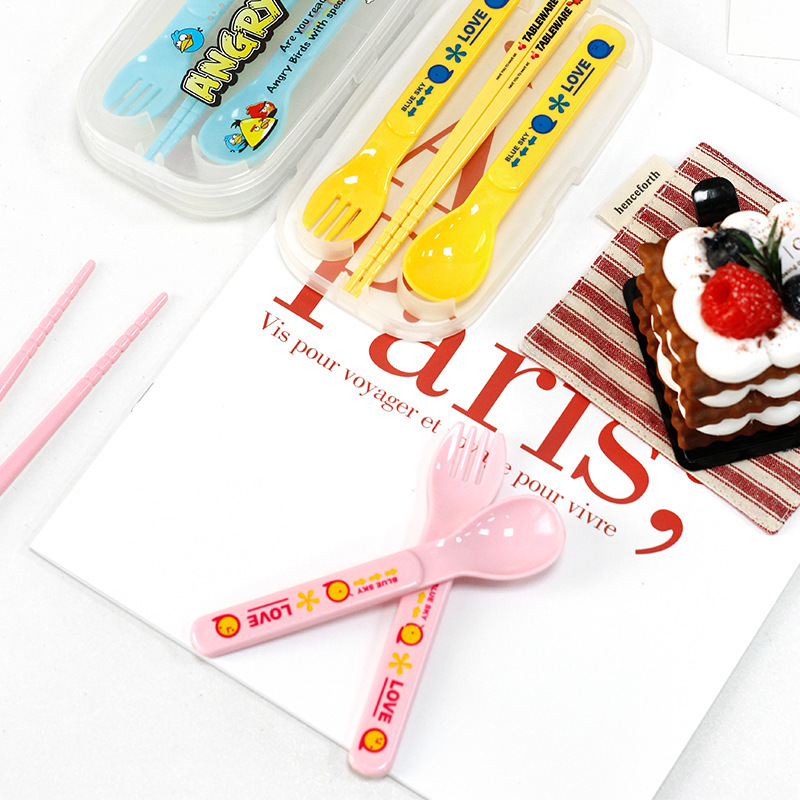 Cartoon Creative Portable Tableware Cute Plastic Chopsticks Fork Spoon Set Outdoor Picnic Children's Three-piece Set