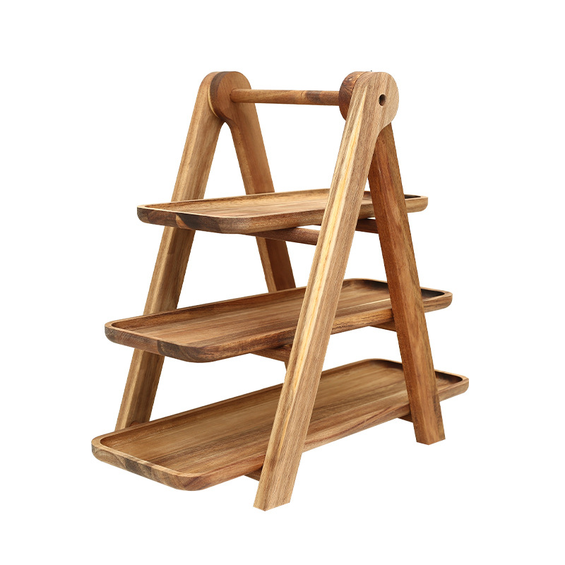 Bandeja de madera estante de picnic madera de acacia tres capas estante de almacenamiento olla caliente restaurante escritorio ingredientes vegetales estante de almacenamiento plegable