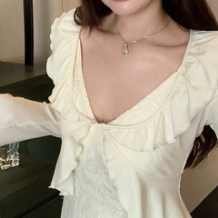 韩系2025秋冬季温柔风荷叶边短款女气质V长袖纯色修身开衫衬衫