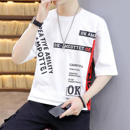 Summer new men's crewneck short-sleeved T-shirt, youth-style faux two-piece half-sleeved Korean-style slim-fit base layer shirt, casual and versatile.