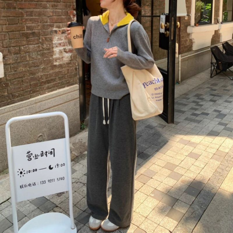 韩系穿搭撞色翻领半拉链针织衫女2025秋冬新款套头高领毛衣上衣潮|undefined