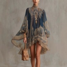 2026新款欧美风高领印花雪纺连衣裙宽松度假风披肩长袖女裙