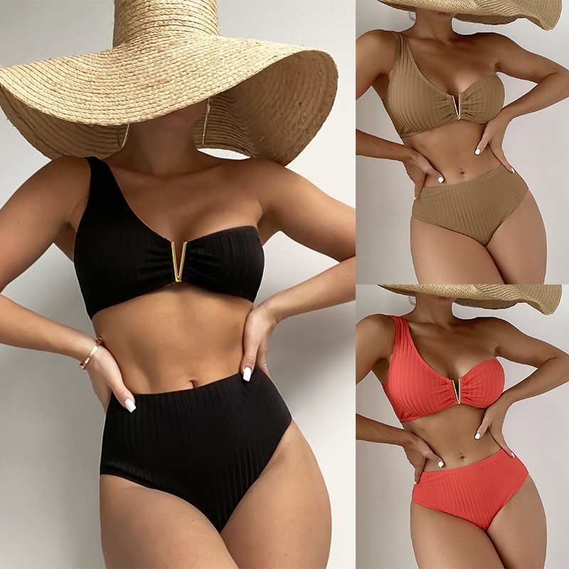 2024 Costume de baie noi multicolore cu un singur umăr, decolteu în V, cu imprimeu de primăvară termală, sexy, cu talie înaltă, triunghiular, divizat_voghion.com