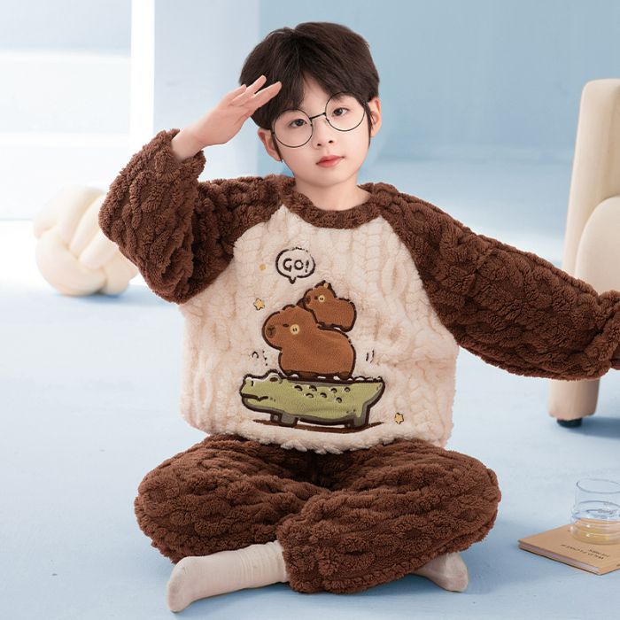 Children's Pajamas Boy's Autumn and Winter Flannel Coral Fleece Thick suit Home Clothes for Large Children and Little Boys