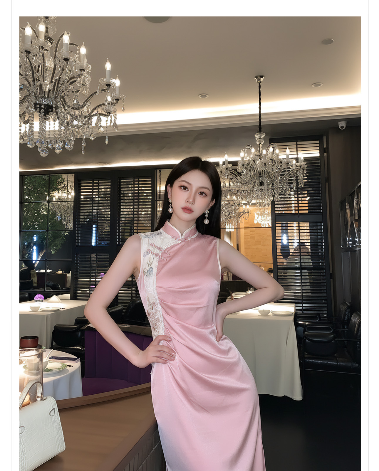 Đầm maxi nữ thắt eo cổ đứng thêu hoa phong cách Trung Hoa mùa hè — màu hồng chi tiết 11
