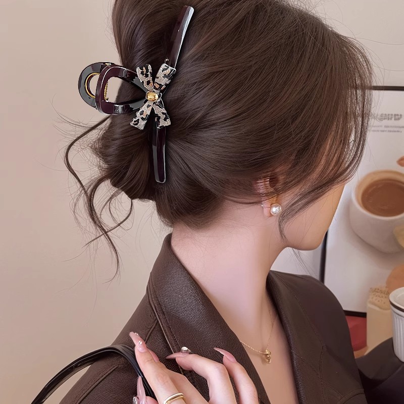 High-Quality Acetate Leopard Print Shiny Bow Clip Large Exquisite Shark Clip on the Back of the Head Hairpin Hair Accessories
