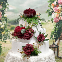 跨境热卖高档复古酒红色系仿真生日蛋糕装饰户外婚礼蛋糕创意插花