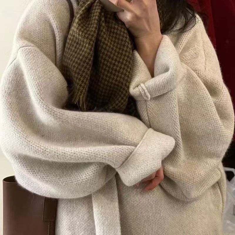 秋冬纯色慵懒过膝宽松大衣大版外套高级显瘦针织开衫毛衣女中长款|undefined
