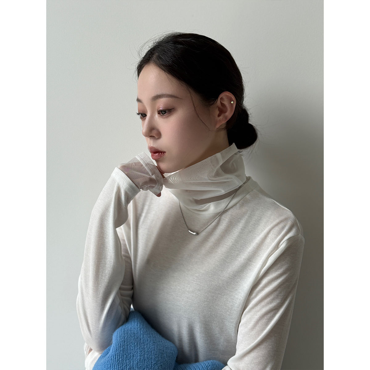 鹿西 天丝羊毛修身堆堆高领拼接网纱内搭打底衫女秋新正肩T恤2057